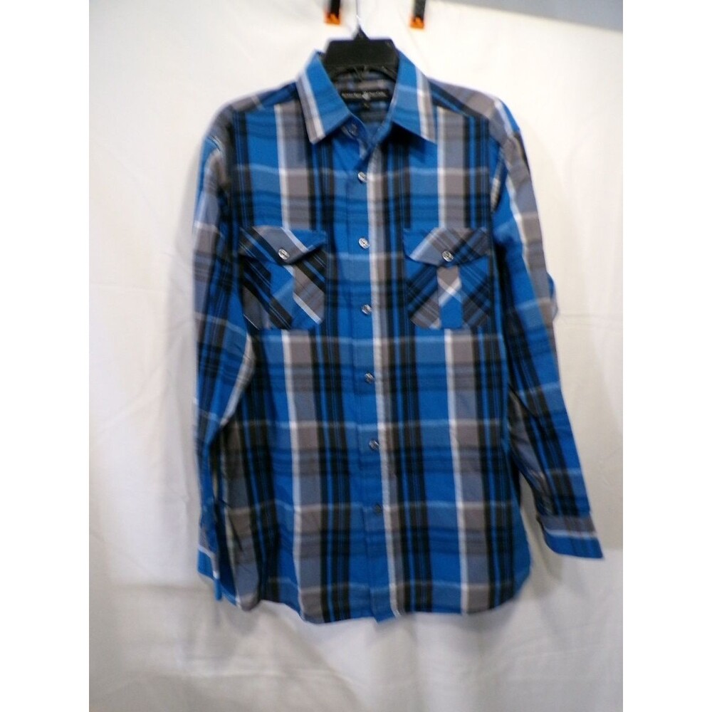 Beverly Hills Polo Club Men's L Blue Black Plaid Long Sleeve Button Up